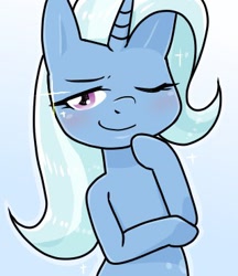 Size: 320x370 | Tagged: safe, artist:batipin, trixie, pony, unicorn, g4, hoof on chin, looking at you, one eye closed, smiling, solo