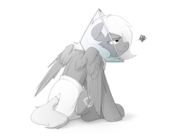 Size: 2947x2288 | Tagged: safe, artist:edrian, oc, oc only, oc:naveen numbers, pegasus, pony, adult foal, annoyed, butt, diaper, diaper fetish, elizabethan collar, female, fetish, floppy ears, frown, high res, lidded eyes, mare, non-baby in diaper, pegasus oc, plot, simple background, sitting, solo, white background, wings