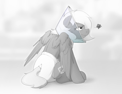 Size: 2947x2288 | Tagged: safe, artist:edrian, oc, oc only, oc:naveen numbers, pegasus, pony, abstract background, adult foal, annoyed, butt, diaper, diaper fetish, elizabethan collar, female, fetish, floppy ears, frown, high res, lidded eyes, mare, non-baby in diaper, pegasus oc, plot, sitting, solo, wings