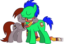 Size: 1338x922 | Tagged: safe, artist:parclytaxel, derpibooru exclusive, edit, editor:flynnmlp, vector edit, oc, oc only, oc:doc anubis, oc:funny jo, earth pony, pegasus, pony, slice of life (episode), .svg available, clothes, eyes closed, female, fourth doctor's scarf, hug, male, mare, recolor, scarf, shipping fuel, simple background, stallion, striped scarf, svg, transparent background, vector