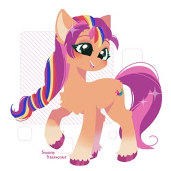 Size: 1000x1000 | Tagged: safe, artist:snow angel, sunny starscout, earth pony, pony, g5, my little pony: make your mark, blushing, chest fluff, cute, ear fluff, female, leg fluff, mane stripe sunny, mare, open mouth, solo, sunnybetes