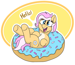 Size: 2200x1915 | Tagged: safe, artist:doodledonutart, oc, oc only, oc:doodledonut, earth pony, pony, cute, dialogue, donut, female, food, mare, ocbetes, open mouth, open smile, smiling, solo