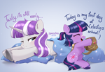 Size: 2205x1530 | Tagged: safe, artist:spoosha, moondancer, twilight sparkle, twilight velvet, pony, unicorn, alternate hairstyle, badge, bag, bandaid, bandaid on nose, blanket, blushing, chest fluff, cute, cutie mark, daaaaaaaaaaaw, dated, duo, eyes closed, female, filly, filly twilight sparkle, foal, implied princess celestia, leg fluff, lying down, mare, mother and child, mother and daughter, one eye closed, open mouth, open smile, ponytail, saddle bag, signature, smiling, twiabetes, unicorn twilight, unshorn fetlocks, velvetbetes, younger
