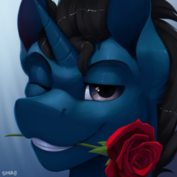 Size: 3000x3000 | Tagged: safe, artist:st4rs6, oc, oc only, oc:slashing prices, pony, unicorn, bust, commission, cowlick, flower, flower in mouth, grin, high res, horn, looking at you, male, mouth hold, one eye closed, portrait, rose, smiling, solo, stallion, unicorn oc, watermark, wink, winking at you