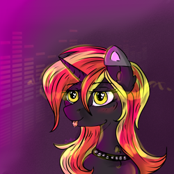 Size: 3000x3000 | Tagged: safe, artist:sunrise pegasus, oc, oc:java, pony, unicorn, blushing, bust, cat ears, collar, female, high res, portrait, simple background, tongue out