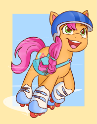 Size: 659x841 | Tagged: safe, artist:cookieboy011, sunny starscout, earth pony, pony, g5, bag, cute, female, happy, helmet, mare, open mouth, open smile, roller skates, saddle bag, smiling, solo, sunnybetes
