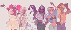 Size: 1080x459 | Tagged: safe, artist:anemonaii, applejack, fluttershy, pinkie pie, rainbow dash, rarity, twilight sparkle, human, g4, bag, book, bow, bracelet, braid, cardigan, clothes, dark skin, dress, ear piercing, earring, female, glasses, gloves, group, hair over one eye, hat, horn, horned humanization, humanized, jewelry, mane six, necklace, one eye closed, pants, piercing, purse, shirt, skirt, suspenders, winged humanization, wings, wink