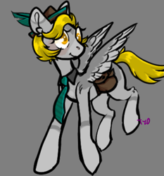 Size: 747x803 | Tagged: safe, artist:tyotheartist1, derpy hooves, pegasus, pony, g4, alternate design, bag, colored pupils, derp, female, gray background, hat, mare, necktie, simple background, solo