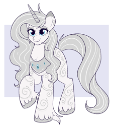 Size: 843x935 | Tagged: safe, artist:lulubell, princess silver swirl, pony, unicorn, g2, g4, colored eartips, colored hooves, colored horn, eyeshadow, female, freckles, g2 to g4, generation leap, horn, lavender background, makeup, mare, passepartout, peytral, raised hoof, simple background, smiling, solo, sparkly mane, sparkly tail, standing, tail, unshorn fetlocks