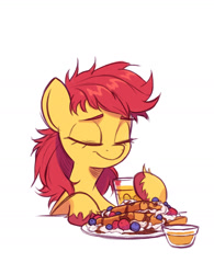 Size: 1532x1960 | Tagged: safe, artist:fanzeem, apple bloom, earth pony, pony, g4, adorabloom, blueberry, breakfast, cute, dishevelled, eyes closed, female, filly, foal, food, herbivore, juice, messy mane, morning ponies, orange juice, sleepy, smiling, solo, strawberry, syrup, unshorn fetlocks, waffle, whipped cream