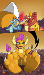 Size: 1280x2141 | Tagged: safe, artist:rai-kun, garble, princess ember, smolder, dragon, between toes, brother and sister, canyon, dragon lands, dragoness, feet, female, fetish, foot focus, gentle, giantess, giga, lava, macro, male, mega, mountain, paws, perspective, playful, scenery, scepter, siblings, toes, volcano