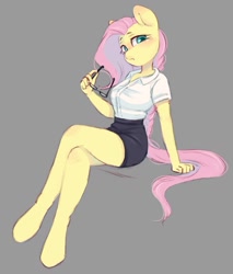 Size: 914x1073 | Tagged: safe, artist:melodylibris, fluttershy, pegasus, anthro, unguligrade anthro, blushing, clothes, crossed legs, female, glasses, glasses off, gray background, looking at you, mare, shirt, short shirt, simple background, sitting, solo