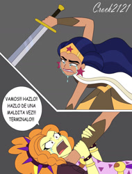 Size: 1280x1682 | Tagged: safe, artist:crock2121, adagio dazzle, human, equestria girls, g4, amazon, amazonian, comic, crossover, crying, dc comics, dc superhero girls, diana prince, duo, duo female, female, scythian, simple background, spanish, sword, this will end in death, weapon, wonder woman