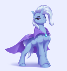 Size: 3091x3254 | Tagged: safe, artist:aquaticvibes, trixie, pony, unicorn, brooch, cape, clothes, eyebrows, female, high res, jewelry, lidded eyes, looking at you, mare, shadow, simple background, smiling, smiling at you, solo, trixie's brooch, trixie's cape, white background