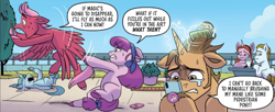 Size: 1304x530 | Tagged: safe, idw, azurite, copper charm, fuchsia orchard, marasca, thistle tea, winter wing, earth pony, pegasus, pony, unicorn, g5, my little pony: a new generation, official, spoiler:comic, spoiler:g5, spoiler:g5comic, spoiler:g5comic01, cellphone, comb, crying, female, male, mare, phone, smartphone, stallion