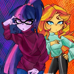 Size: 1024x1024 | Tagged: safe, artist:mufnhedmia, sci-twi, sunset shimmer, twilight sparkle, equestria girls, belt, clothes, female, glasses, hand on hip, looking at you, pants, ponytail, raised eyebrow, sweater