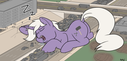 Size: 2356x1140 | Tagged: safe, artist:rapidstrike, oc, oc:drawbridge, pony, unicorn, building, bus, car, drool, eyes closed, giant pony, horn, loss (meme), macro, male, onomatopoeia, open mouth, sleeping, snoring, sound effects, stallion, street, unicorn oc, vehicle, zzz