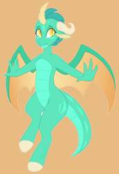 Size: 1884x2752 | Tagged: safe, artist:purplegrim40, oc, oc only, hybrid, anthro, unguligrade anthro, brown background, curved horn, female, horn, interspecies offspring, offspring, parent:princess ember, parent:thorax, parents:embrax, simple background, solo, wings