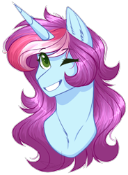 Size: 1278x1738 | Tagged: safe, artist:purplegrim40, oc, oc only, pony, unicorn, bust, ear fluff, female, grin, horn, mare, one eye closed, simple background, smiling, solo, transparent background, unicorn oc, wink