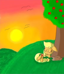 Size: 850x981 | Tagged: safe, artist:silver meadow, applejack, earth pony, pony, g4, apple, apple tree, female, sleeping, solo, sunset, tree