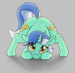 Size: 893x867 | Tagged: safe, artist:firecracker, lyra heartstrings, pony, unicorn, g4, aggie.io, both cutie marks, butt, face down ass up, female, looking at you, looking up, mare, plot, ponybooru import, simple background, smiling