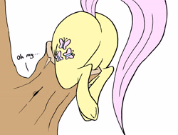 Size: 3778x2852 | Tagged: safe, artist:dynamo1940, fluttershy, pegasus, pony, butt, buttstuck, female, flutterbutt, mare, oh my, plot, simple background, solo, stuck, stuck between trees
