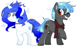 Size: 1920x1182 | Tagged: safe, artist:toffeelavender, oc, oc only, pony, unicorn, base used, choker, clothes, duo, female, glasses, grin, horn, male, mare, scarf, simple background, smiling, stallion, transparent background, unicorn oc