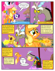Size: 612x792 | Tagged: safe, edit, edited screencap, screencap, applejack, discord, pinkie pie, rarity, draconequus, earth pony, pegasus, pony, unicorn, comic:friendship is dragons, g4, comic, dialogue, element of generosity, element of honesty, element of laughter, female, freckles, frown, glowing hands, magic, male, mare, outdoors, screencap comic, sitting, smiling, smirk, telekinesis, throne