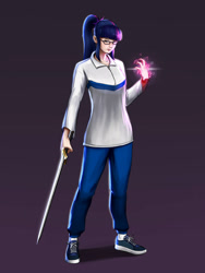 Size: 3000x4000 | Tagged: safe, artist:guyser3, sci-twi, twilight sparkle, human, g4, female, humanized, magic, shoes, smiling, sneakers, solo, student, sword, weapon