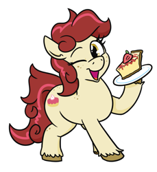 Size: 619x677 | Tagged: safe, artist:jargon scott, oc, oc only, oc:cheesecake, earth pony, pony, body freckles, cake, cheesecake, female, food, freckles, looking at you, mare, one eye closed, open mouth, simple background, smiling, smiling at you, solo, unshorn fetlocks, white background, wink, winking at you