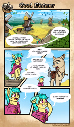Size: 2220x3812 | Tagged: safe, artist:helmie-art, oc, oc only, oc:karoline skies, earth pony, pony, bag, bald, beard, clothes, comic, dialogue, duo, facial hair, female, freckles, grin, high res, jewelry, male, mare, necklace, nervous, nervous smile, robe, saddle bag, scenery, smiling, speech bubble, stallion, windmill