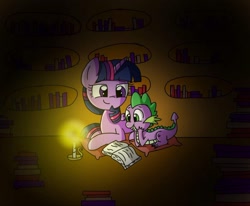 Size: 1024x843 | Tagged: source needed, safe, artist:silver meadow, spike, twilight sparkle, alicorn, dragon, pony, g4, book, candle, cute, female, male, mare, pillow, reading, spikabetes, spikelove, twilight sparkle (alicorn)