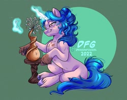 Size: 2029x1595 | Tagged: safe, artist:dragonfoxgirl, izzy moonbow, pony, unicorn, g5, clay, female, magic, mare, pottery, signature, simple background, smiling, solo, telekinesis