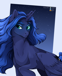 Size: 1050x1275 | Tagged: safe, artist:ilettfox, princess luna, alicorn, pony, g4, abstract background, alternate hairstyle, female, mare, night, signature, sky, solo, stars