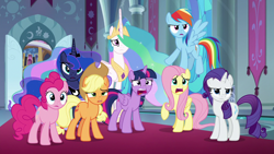 Size: 1280x720 | Tagged: safe, screencap, applejack, fluttershy, pinkie pie, princess celestia, princess luna, rainbow dash, rarity, twilight sparkle, alicorn, earth pony, pegasus, pony, unicorn, g4, season 9, the beginning of the end, female, mane six, mare, open mouth, rainbow dash is not amused, rarity is not amused, reaction image, shocked, twilight sparkle (alicorn), unamused