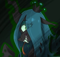 Size: 750x707 | Tagged: safe, artist:beetlebonez, derpibooru exclusive, queen chrysalis, changeling, changeling queen, g4, bust, crown, evil grin, eye clipping through hair, eyebrows, eyebrows visible through hair, fangs, female, glare, green eyes, grin, horn, insect wings, jewelry, looking at you, looking back, looking back at you, raised hoof, regalia, smiling, smiling at you, solo, spread wings, tongue out, wings