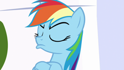 Size: 1280x720 | Tagged: safe, screencap, rainbow dash, pegasus, pony, g4, season 9, sparkle's seven, crossed hooves, eyebrows, female, mare, pouting, rainbow dash is not amused, refusal, solo, unamused