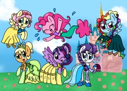 Size: 1024x738 | Tagged: source needed, safe, artist:silver meadow, applejack, fluttershy, pinkie pie, rainbow dash, rarity, twilight sparkle, alicorn, earth pony, pegasus, pony, unicorn, g4, disney princess, female, twilight sparkle (alicorn)