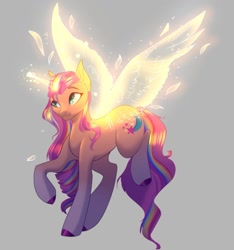 Size: 1134x1211 | Tagged: safe, artist:moonlight23345, sunny starscout, alicorn, pony, g5, artificial alicorn, artificial horn, artificial wings, augmented, female, gray background, horn, magic, magic horn, magic wings, mane stripe sunny, mare, race swap, simple background, solo, sunnycorn, wings