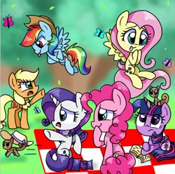 Size: 1024x1015 | Tagged: source needed, safe, artist:silver meadow, applejack, fluttershy, pinkie pie, rainbow dash, rarity, twilight sparkle, alicorn, butterfly, earth pony, pegasus, pony, squirrel, unicorn, g4, accessory theft, applejack's hat, cowboy hat, female, hat, mane six, picnic blanket, tongue out, twilight sparkle (alicorn)
