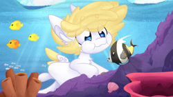 Size: 1191x671 | Tagged: safe, artist:lbrcloud, oc, oc only, oc:ryleo goldridge, fish, blue eyes, bubble, commission, coral, crepuscular rays, flowing mane, holding breath, non-mlp oc, non-pony oc, puffy cheeks, smiling, solo, sunlight, swimming, underwater, water, yellow mane