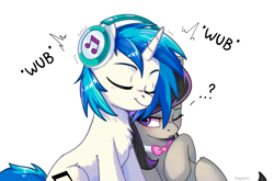 Size: 2664x1756 | Tagged: safe, artist:kaylemi, dj pon-3, octavia melody, vinyl scratch, earth pony, pony, unicorn, g4, blushing, chest fluff, cute, duo, duo female, eyes closed, female, high res, leaning, lesbian, mare, music, question mark, ship:scratchtavia, shipping, simple background, sleeping, tavisub, vinylbetes, white background, wub