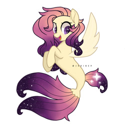 Size: 894x894 | Tagged: safe, artist:slurbeez, oc, oc only, pegasus, seapony (g4), dorsal fin, ethereal mane, female, fin wings, fins, fish tail, flowing tail, mare, mermay, open mouth, open smile, purple eyes, seaponified, simple background, smiling, solo, species swap, starry mane, starry tail, stars, tail, white background, wings