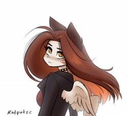 Size: 2048x1869 | Tagged: safe, artist:katputze, oc, oc only, oc:kiri, pegasus, anthro, choker, clothes, female, jacket, looking back, mare, simple background, solo, spiked choker, white background