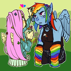 Size: 1024x1024 | Tagged: safe, artist:arcaneclown, fluttershy, rainbow dash, pegasus, anthro, g4, commission, female, flower, flower in hair, grumpy, heart, height difference, human facial structure, lesbian, ship:flutterdash, shipping