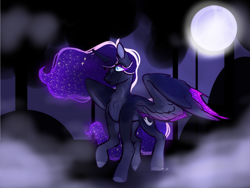 Size: 984x738 | Tagged: safe, artist:tyotheartist1, princess luna, alicorn, pony, g4, detailed background, ethereal mane, female, fog, mare, moon, night, solo, starry mane, wings