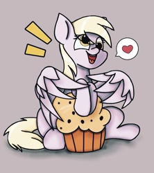 Size: 911x1024 | Tagged: safe, alternate version, artist:twiliset, derpy hooves, pegasus, pony, g4, food, gray, gray background, happy, heart, muffin, simple background, smiling, solo