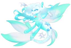 Size: 1083x738 | Tagged: safe, artist:cupidauctions, oc, oc only, fish, seapony (g4), starfish, blue eyes, clothes, colored pupils, cute, deviantart watermark, dorsal fin, eyelashes, female, fin wings, fins, fish tail, flowing mane, flowing tail, jewelry, lidded eyes, mare, mermay, necklace, obtrusive watermark, open mouth, pearl necklace, seashell, see-through, simple background, smiling, solo, tail, transparent background, watermark, white mane, wings