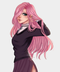 Size: 2808x3363 | Tagged: safe, artist:xxminuhxx, fluttershy, human, g4, clothes, dress, female, fluttergoth, gray background, hair over one eye, high res, humanized, simple background, solo