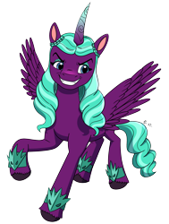 Size: 3498x4621 | Tagged: safe, artist:koolfrood, opaline arcana, alicorn, pony, g5, my little pony: make your mark, spoiler:g5, spoiler:my little pony: make your mark, absurd resolution, clip studio paint, curved horn, evil grin, eyebrows, female, grin, horn, mare, raised hoof, simple background, smiling, solo, spread wings, transparent background, wings